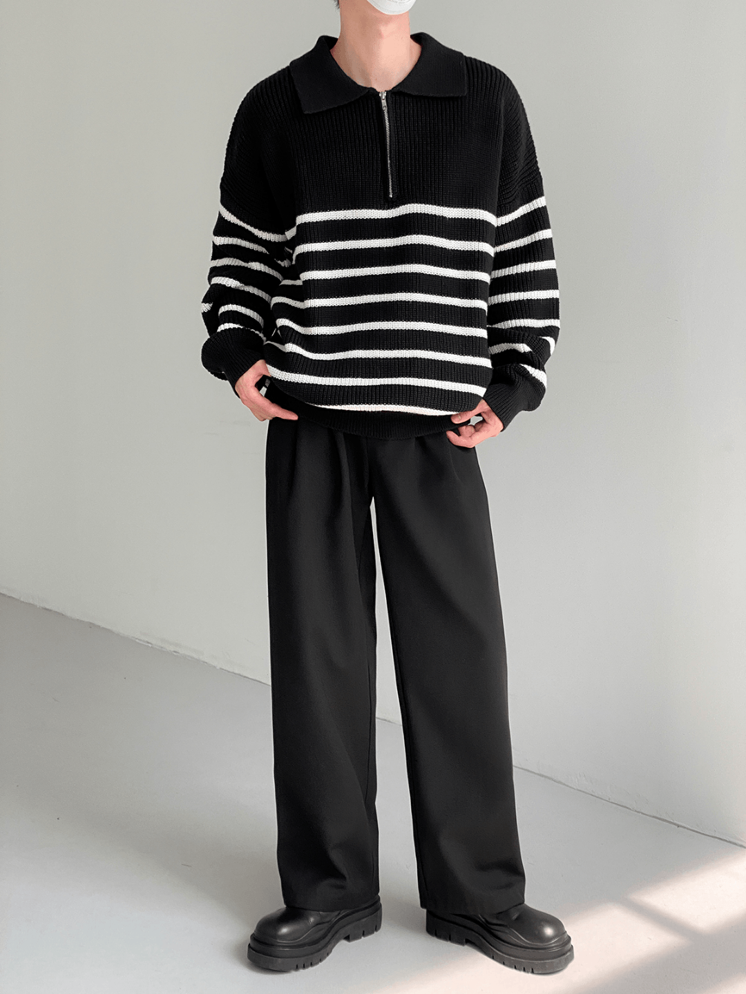 Threebooy [DAZIONSED] High Zip Polo Stripe Sweater NA538