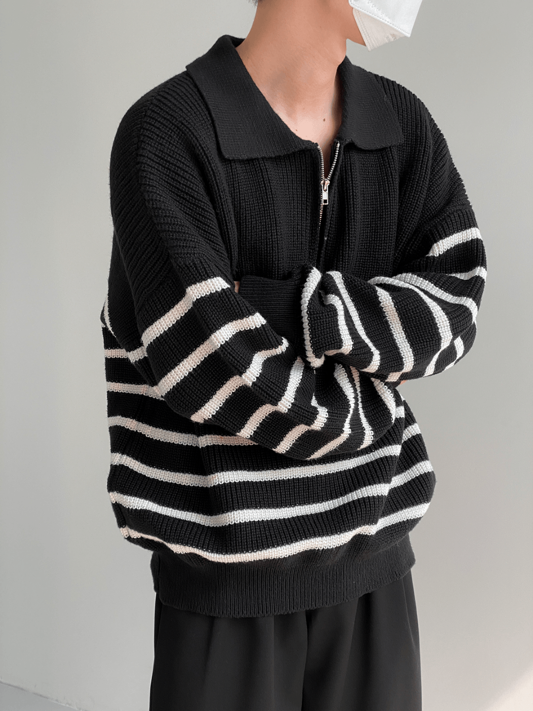 Threebooy [DAZIONSED] High Zip Polo Stripe Sweater NA538