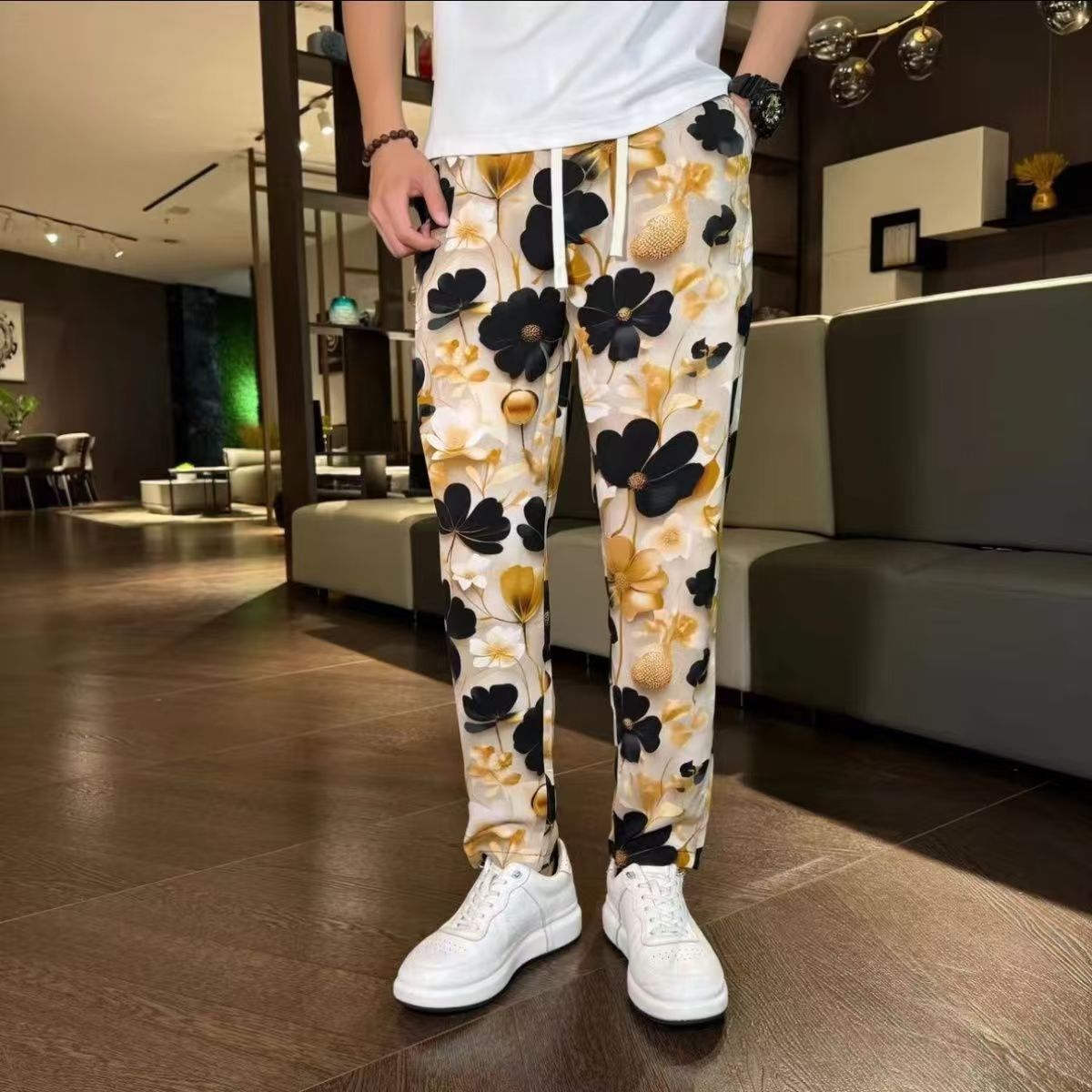 Threebooy Vintage Tie Dye Ink Painting Casual Pants Men Ethnic Style Flower Pattern Lightweight Ice Silk Straight Leg Trousers Summer