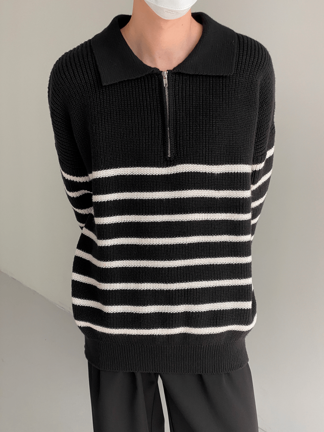 Threebooy [DAZIONSED] High Zip Polo Stripe Sweater NA538