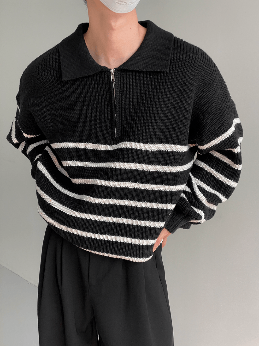 Threebooy [DAZIONSED] High Zip Polo Stripe Sweater NA538