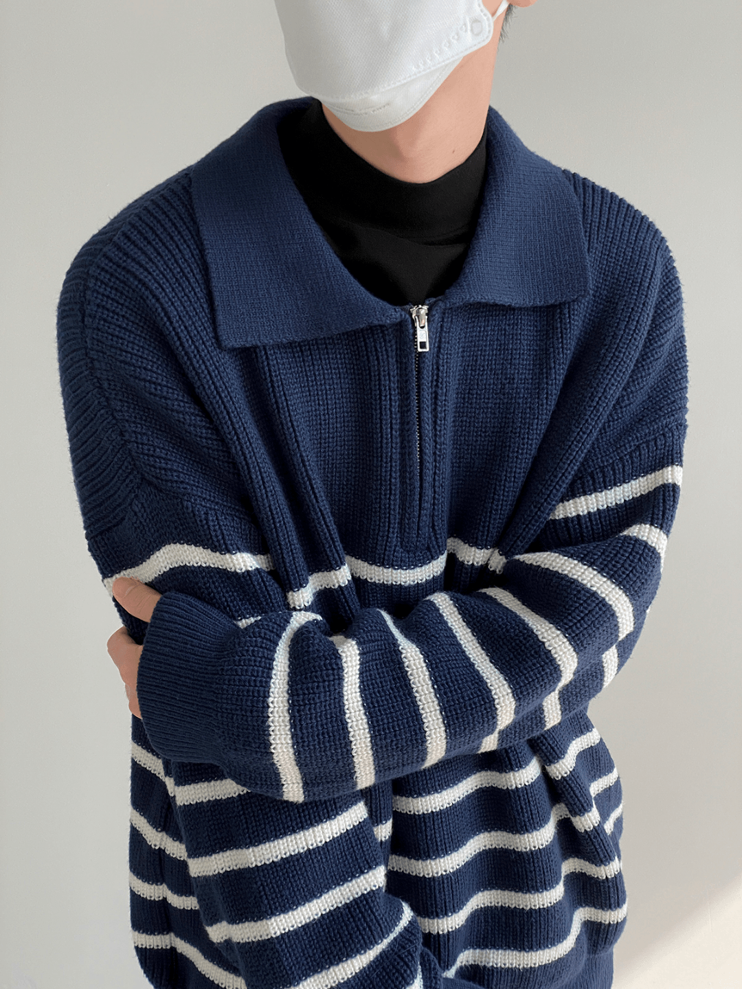 Threebooy [DAZIONSED] High Zip Polo Stripe Sweater NA538