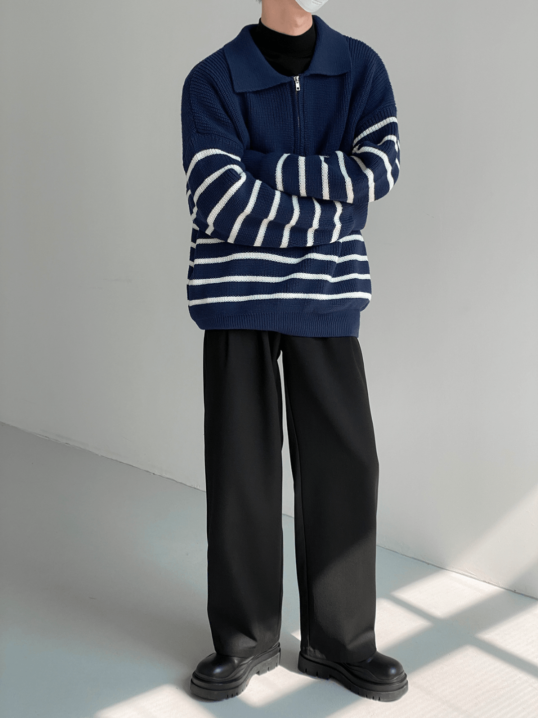 Threebooy [DAZIONSED] High Zip Polo Stripe Sweater NA538