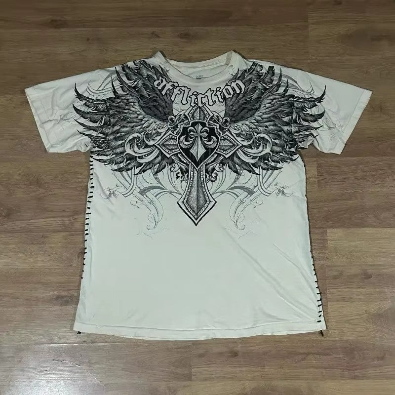 Threebooy 2000s affliction Style Street Hip Hop Clothing couple T Shirt Gothic Skull Cross Print Fashion Knight Graphic Men T shirt