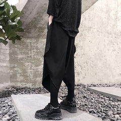 Threebooy Mens Dark Style Casual Irregular Cropped Pants New Genderless Trendy Personalized Solid Color Loose Wide Leg Pants Unisex