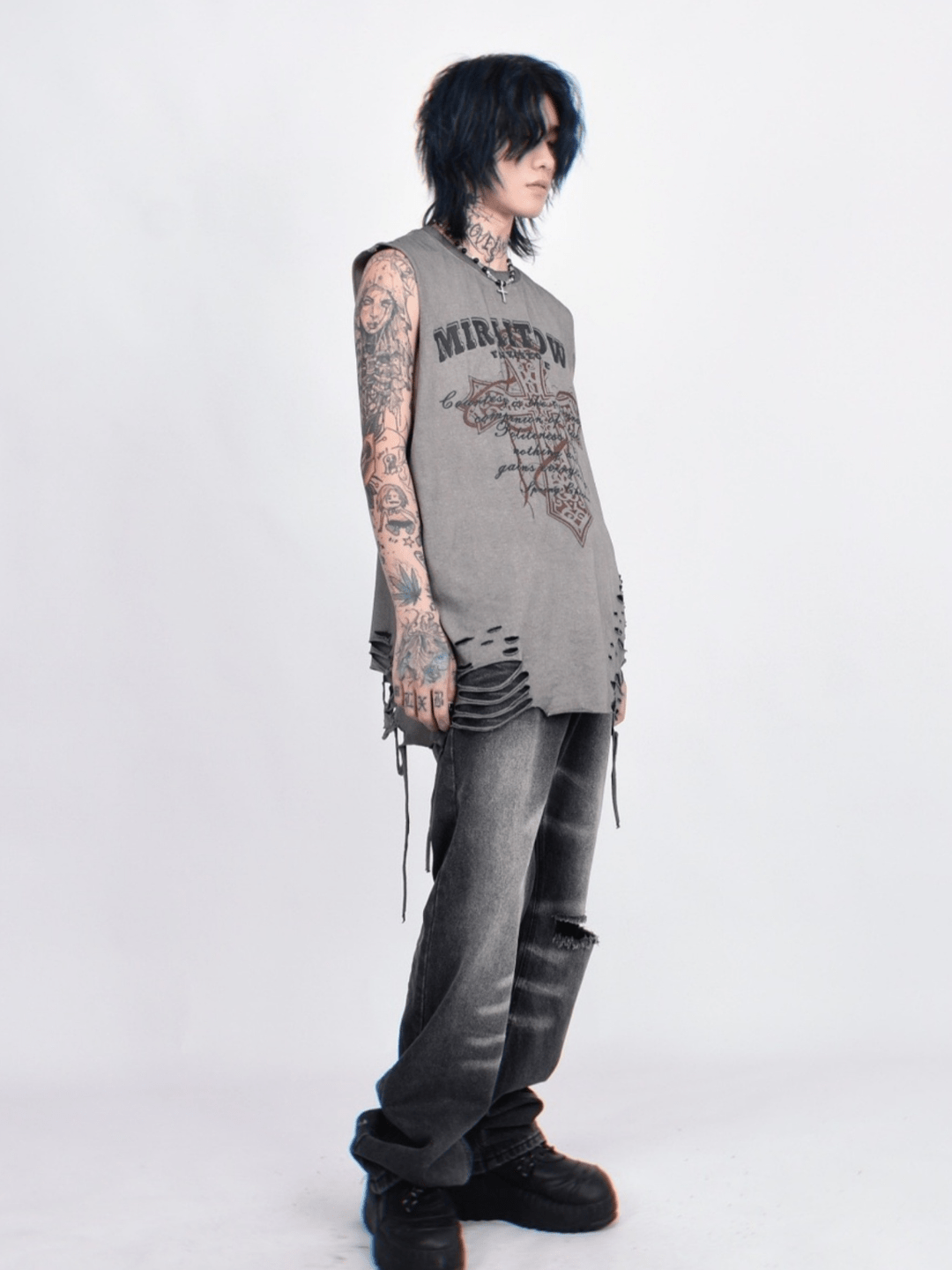 Threebooy [Mz] washed hole design high street t-shirt na1260