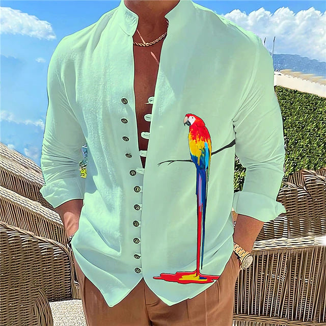 Threebooy Vintage Mens 100% Cotton Linen Shirts Long-Sleeved Stand Collar Casual Tops Spring Summer Fashion Men Clothing Retro Shirt