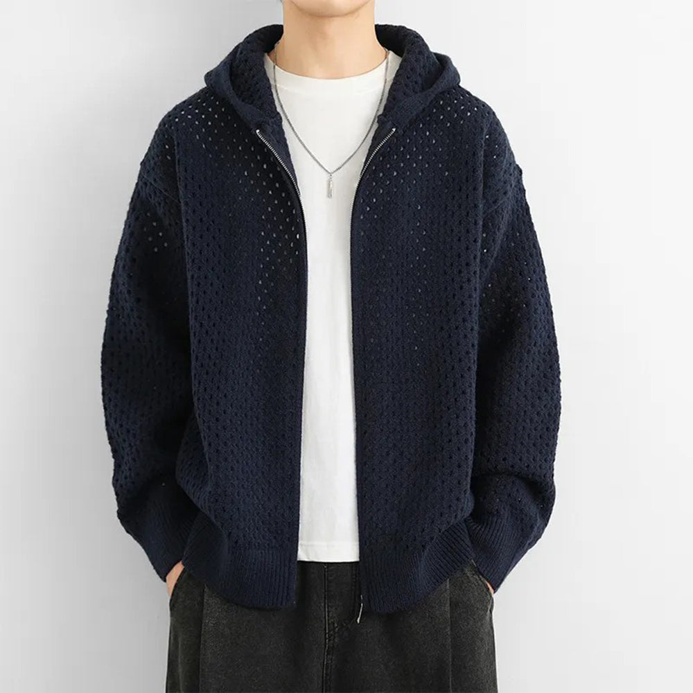 Threebooy Men Hooded Sweater Hollow Outerwear Knit Sweater Fashion Streetwear Versatile Campus Performance Long-Sleeve Tops Men'S Clothing