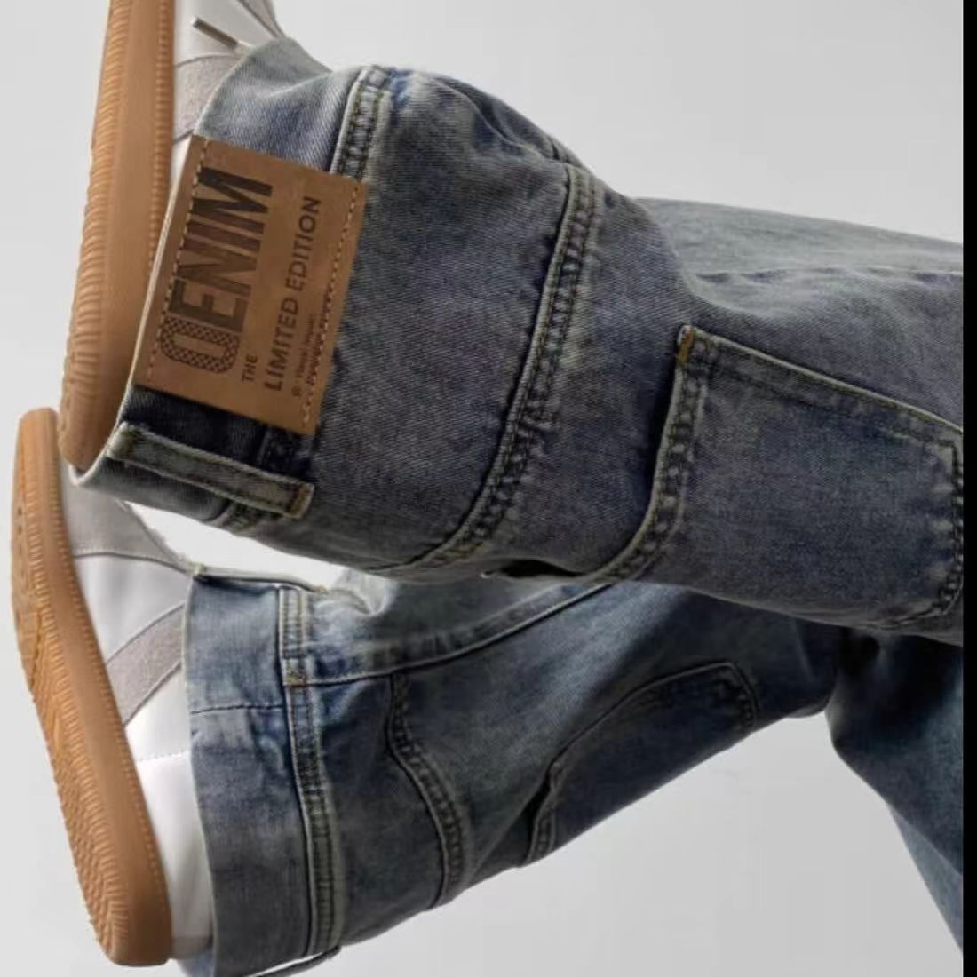 Threebooy Backwards Wear Mens High Street Vibe Jeans Clean Fit Loose Straight Denim Pants Spring Summer Design Sense Trousers Unisex
