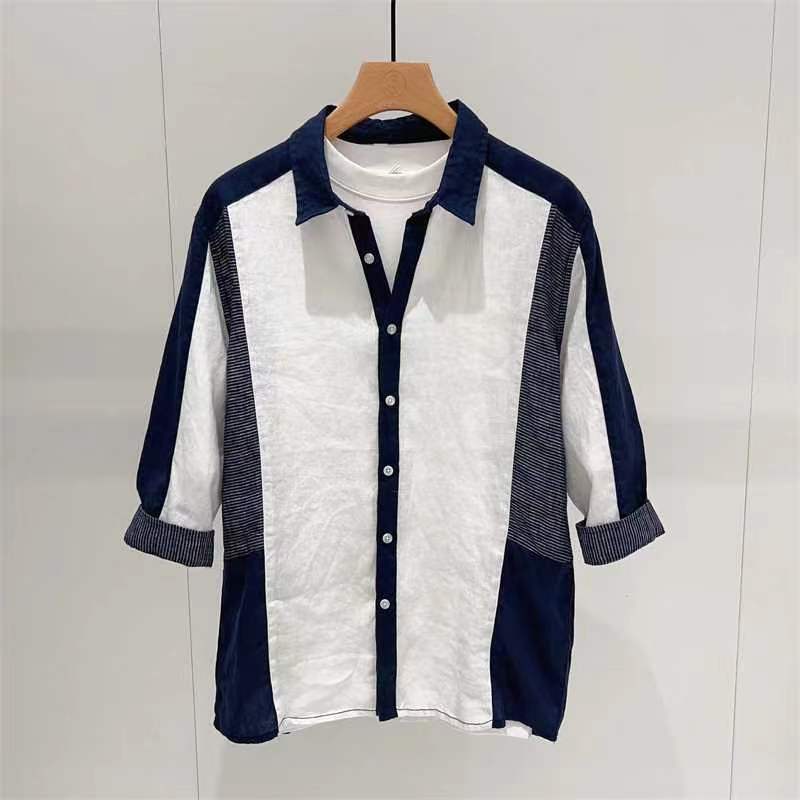 Threebooy Fashion Patchwork Cotton Linen Shirts For Men Half sleeve Turn-down Collar Loose Tops Summer Vintage Casual Shirt Streetwear