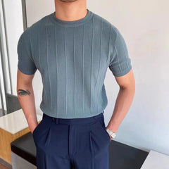 Threebooy Summer Men Knit Ice silk T shirts High Quality Solid Color Stripe Short sleeve O-neck Tee Tops Mens Thin Slim Fit T-Shirts