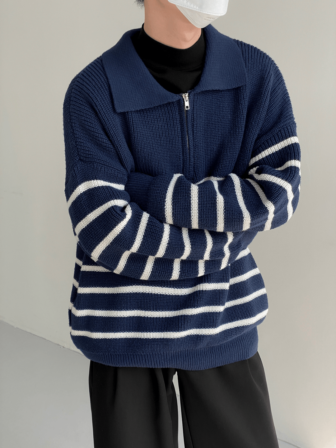 Threebooy [DAZIONSED] High Zip Polo Stripe Sweater NA538