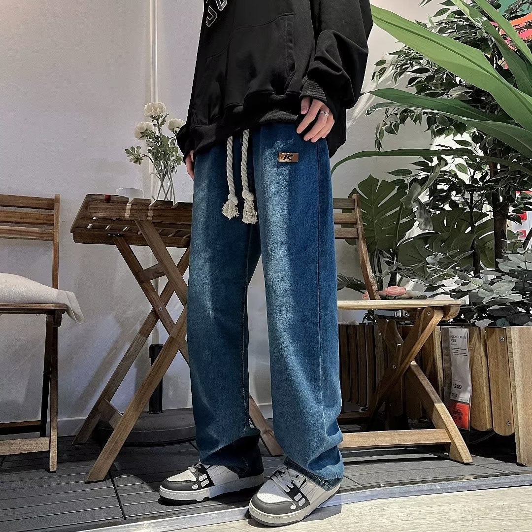 Threebooy High Street Jeans Men Elastic Waist With Large Drawstring Straight Pants Fashion Casual Loose Wide Leg Denim Trousers Streetwear