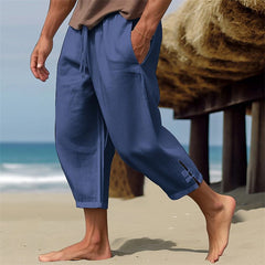 Threebooy Summer Mens Linen Cropped Pants Oversize Loose Feet Forked Pencil Pant Fashion Casual Pantalones Beach Trousers Streetwear