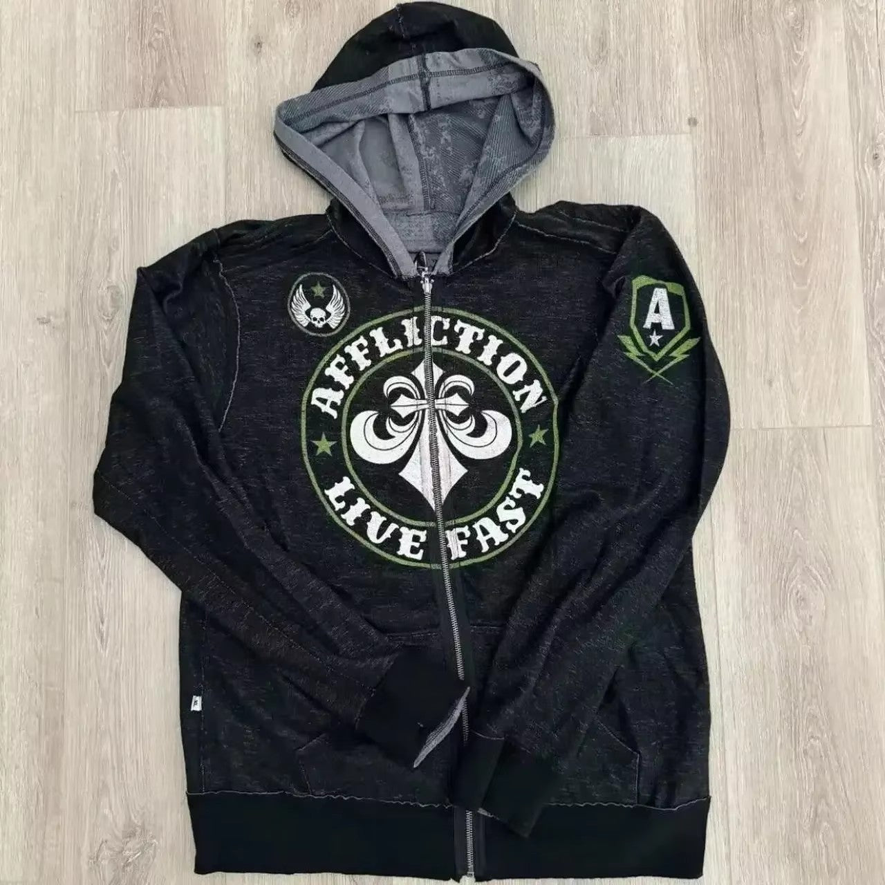 Threebooy 2000s affliction Gray Hooded Sweater Men's Trend Joker Harajuku Hip Hop Street Couple Angel Wings Hooded Coat New Sweatshirt