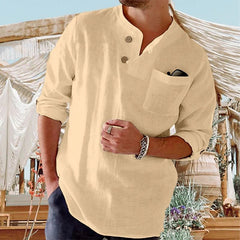 Threebooy Retro Shirts Mens 100% Cotton Linen Long Sleeve Stand Collar Casual Loose Button Pullover Spring Summer Fashion Vintage Top Male
