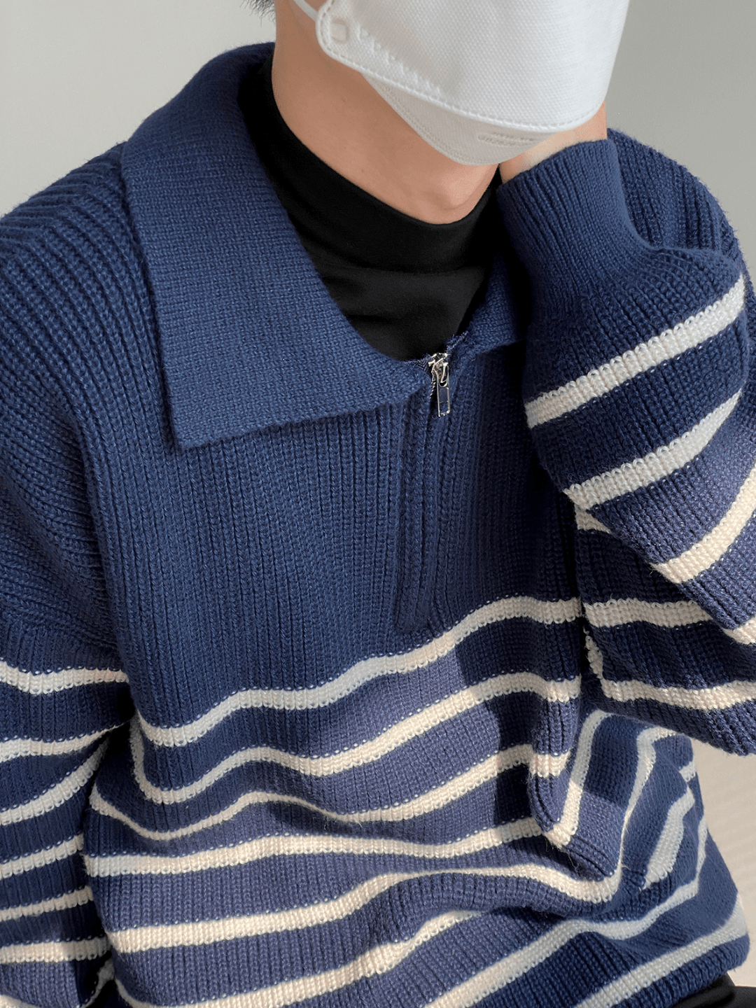 Threebooy [DAZIONSED] High Zip Polo Stripe Sweater NA538