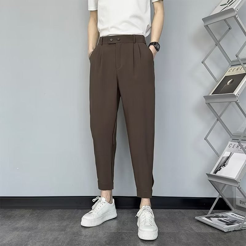 Threebooy Korean Cropped Pants For Men Fashion Casual Suit Pants Solid Slim Fit Straight Trousers Spring Summer Trend Youth Pant Plus Size