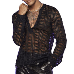 Threebooy Fishing Net Transparent Shirt For Men V-neck Lace Long Sleeved Tshirts Tops Autumn Fashion Sexy Mesh Hollow Out Shirts Pullover