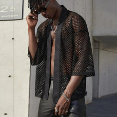 Threebooy Mesh See-through Fishnet Mens Shirt Cardigan Fashion Sexy Shawl Nightclub Wear Tops 3/4 Sleeve Camisas Streetwear For Men