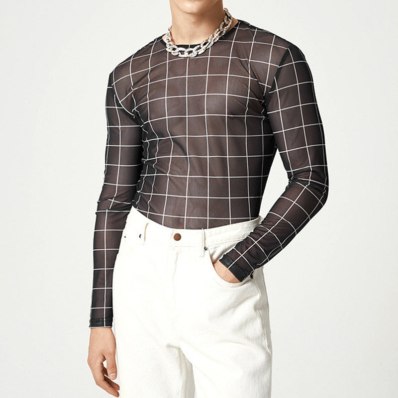 Threebooy Plaid Print Mesh T Shirts Men Slim Fit Long Seeve O-neck Tee Tops Summer Casual Mens Perspective Tight T-shirt Streetwear