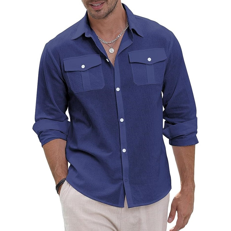 Threebooy Cotton Linen Men Shirt Solid Color Double Pocket Long Sleeve Top Spring Summer Fashion Casual Beach Breathable Comfortable Shirt