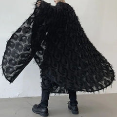 Threebooy Dark Knee-Length Long Cloak Autumn New Nightclub Party Performance Clothing Youth Trend Loose Solid Casual Feather Cloak