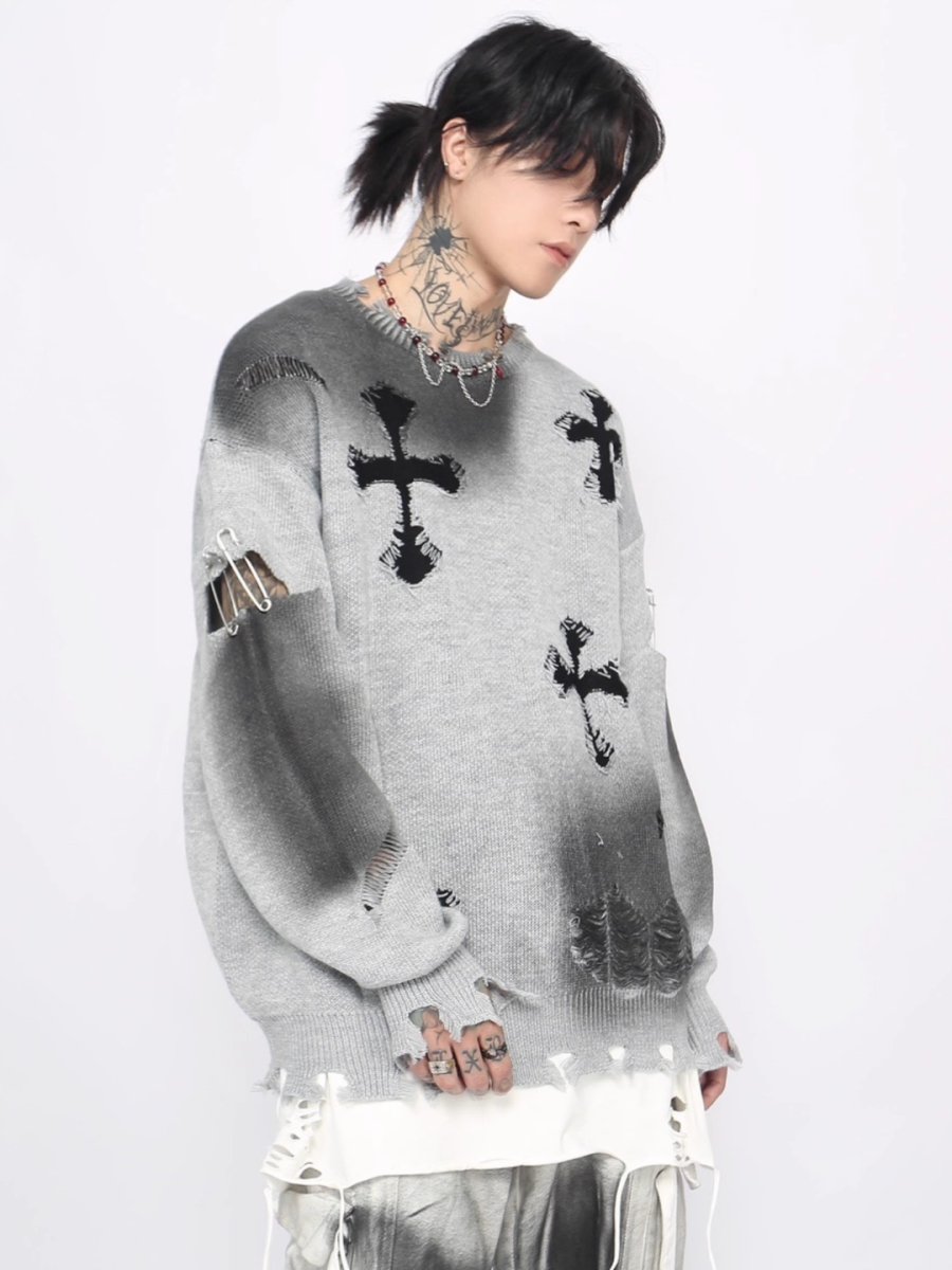 Threebooy 【Mz】high street broken hole cross pin knit na1547