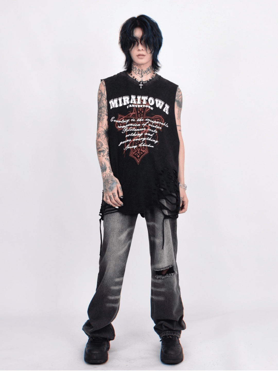 Threebooy [Mz] washed hole design high street t-shirt na1260