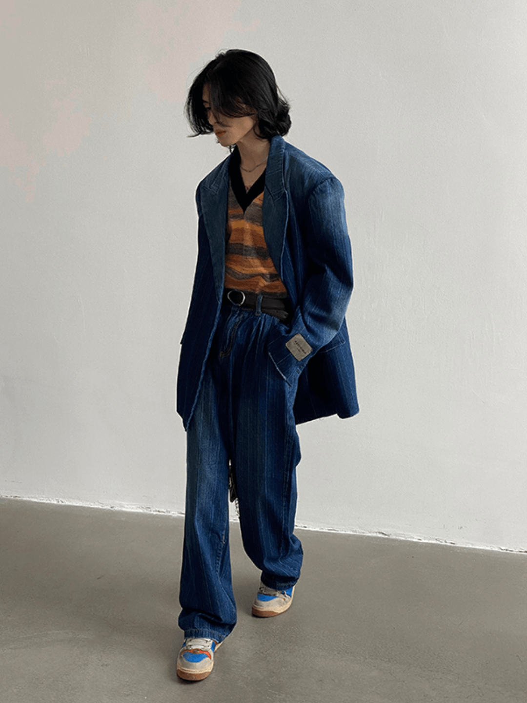 Threebooy [GENESISBOY] Washed striped loose denim suit NA311