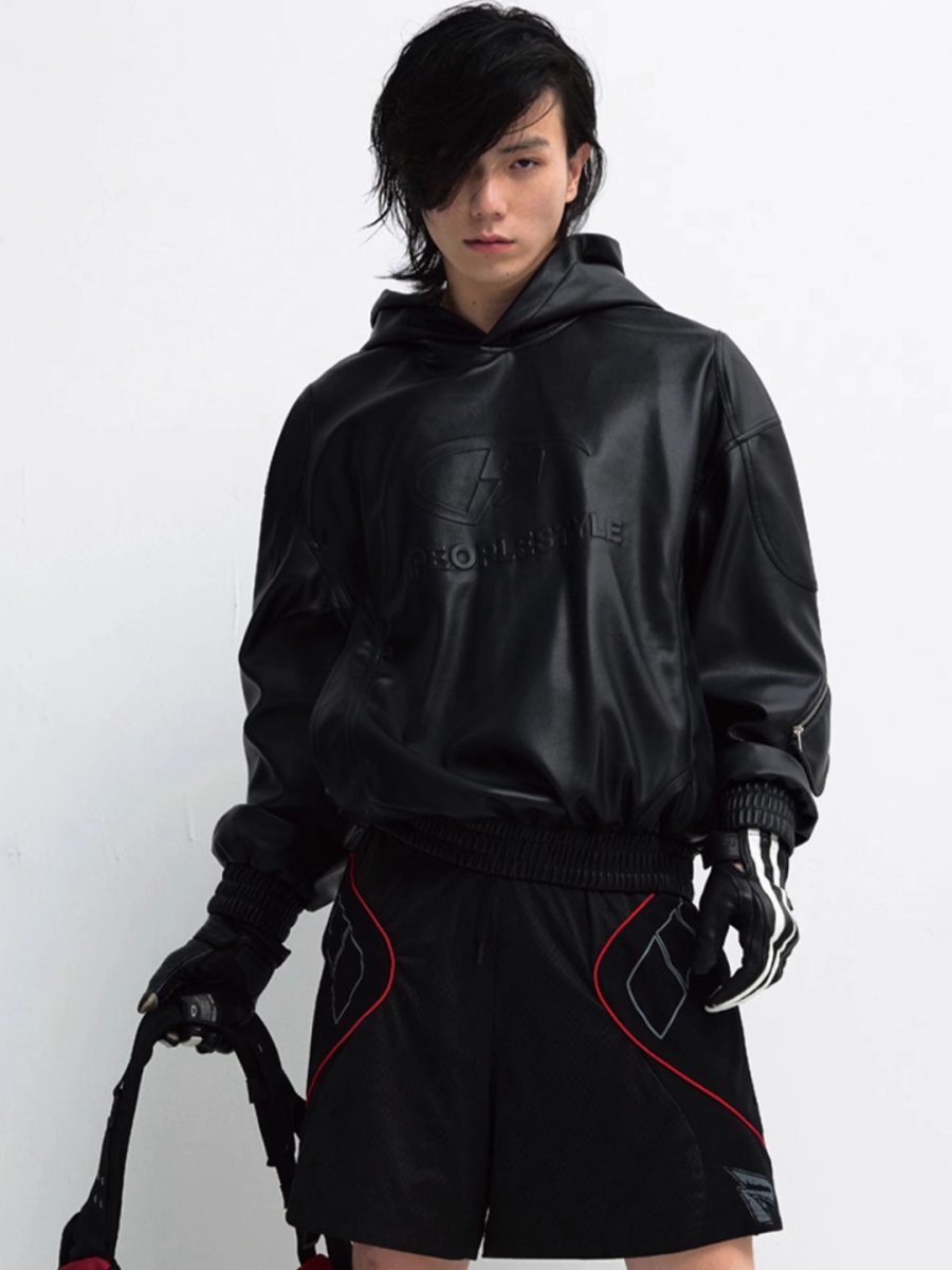 Threebooy [PEOPLESTYLE] PU Leather Black Hooded na1653