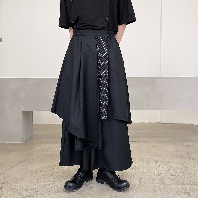 Threebooy Japan Style Mens Irregular Pants Trendy Ins Wind Ribbon Swordsman Skirt Trousers Spring Summer Fashion Loose Ankle-Length Pants