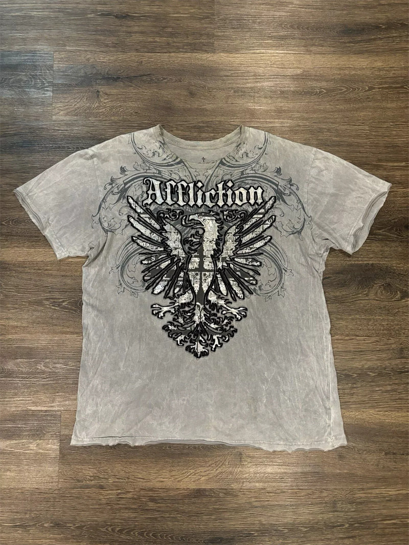 Threebooy 2000s affliction new Style Street Hip Hop Clothing couple T Shirt Gothic Skull Cross Print Fashion Knight Graphic Men T-shirt