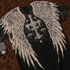 Threebooy 2000s Affliction Style Streetwear Tee Gothic Skull Cross Print Trendy Graphic T-shirts