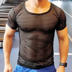 Threebooy Men Sexy See-Through Mesh Shaping Striped Short-Sleeve T-Shirt 2024 New Nightclub Fitness Tight Home Lightweight Pajamas For Men