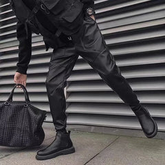 Threebooy New Men's Leather Pants Trend Fashion Thickened Warm Motorcycle Windproof Waterproof PU Black Trousers Harajuku Man Streetwear