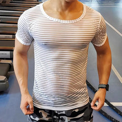 Threebooy Men Sexy See-Through Mesh Shaping Striped Short-Sleeve T-Shirt 2024 New Nightclub Fitness Tight Home Lightweight Pajamas For Men