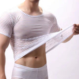 Threebooy Men Sexy See-Through Mesh Shaping Striped Short-Sleeve T-Shirt 2024 New Nightclub Fitness Tight Home Lightweight Pajamas For Men