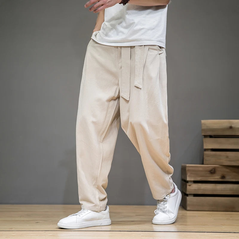 Threebooy Spring Cotton Linen Pants Men Elastic Waist Casual Harem Pant Loose Sweatpants Traditional Chinese Trousers pantalons homme