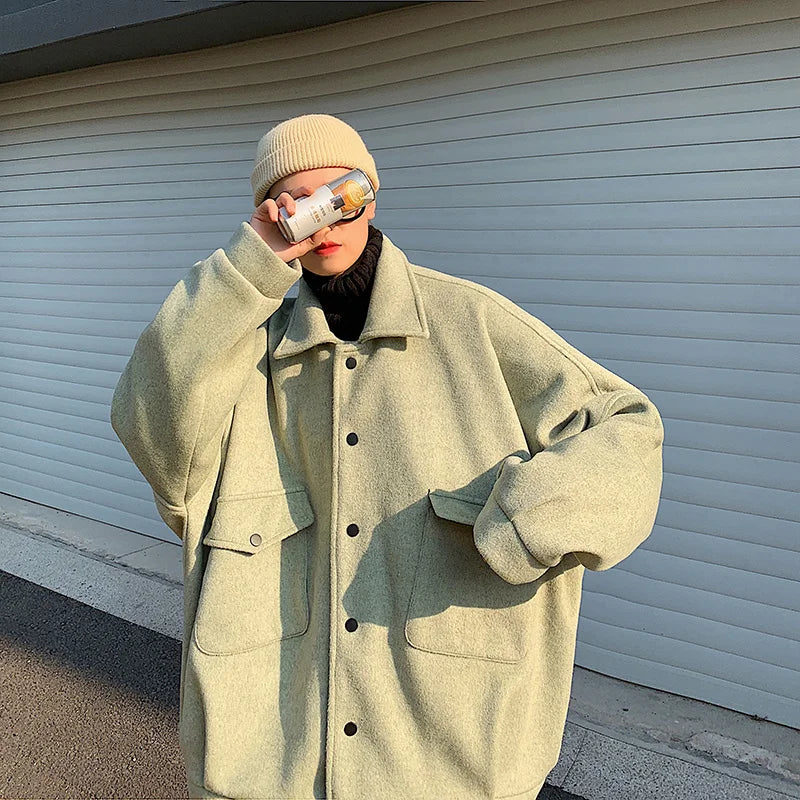 Threebooy Winter Thickened Short Woolen Coat Men Warm Fashion Oversized Woolen Coat Men  Korean Loose Woolen Jacket Mens Overcoat M-3XL