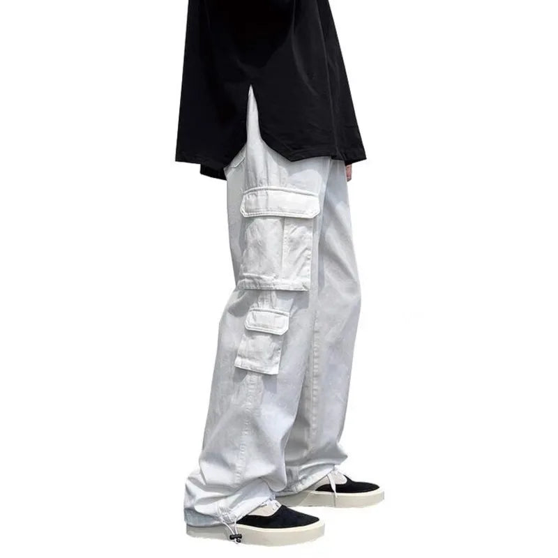 Threebooy  Black/white Cargo Pants Men Fashion Loose Straight Wide Leg Pants Men Streetwear Hip-hop Pocket Casual Pants Mens Trousers