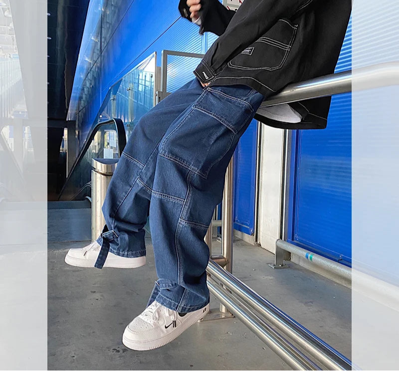 Threebooy Men Wide Leg Jeans Mens Spring cargo pants Hip Hop Streetwear New Loose Straight Baggy Denim Pants Male work jeans