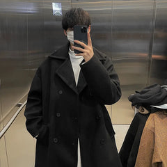 Threebooy Long Dust Coat Men Winter Korean-style Trench Mens Solid Double Breasted Woolen Cloth Coat Loose Casual Trenchcoat Outwear