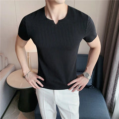 Threebooy Summer Men's Ice Silk Elastic Stripe T Shirts Slim Fit Round Neck Knitted Tshirts Short Sleeve Fashion Trend T-shirt