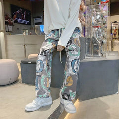 Threebooy Men's Pattern Printing Casual Pants Streetwear Hip-hop Straight Pants Loose Trousers Elastic Waist Joggers Sweatpants