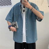 Threebooy Denim Shirts Male Harajuku Denim Shirt For Men Korean Oversized Casual Streetwear Short Half Sleeve Vintage Fashion