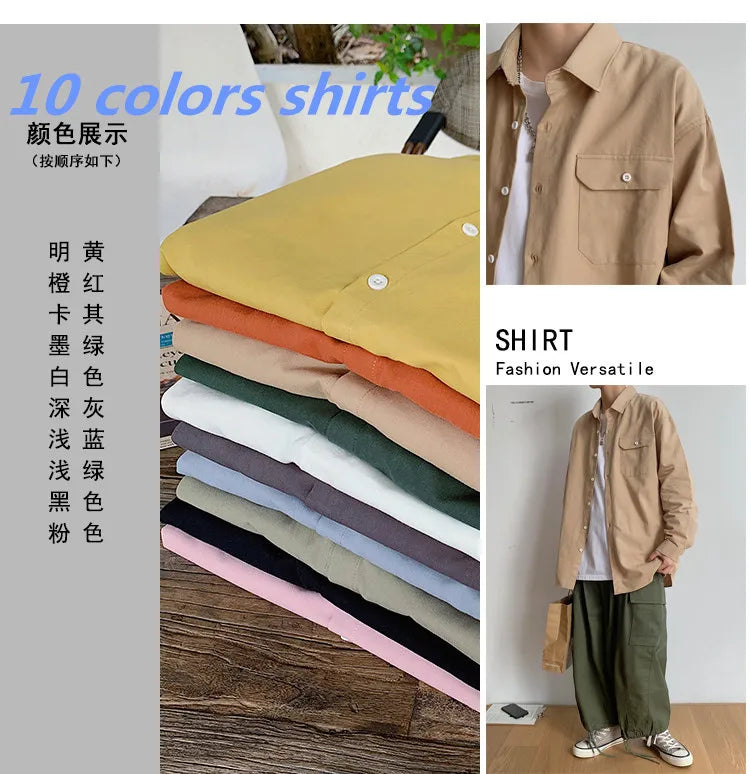 Threebooy Simple Design Solid Colors Long Sleeve Shirts Korean Fashion Mandarin Collar 100% White Black Shirt Soft Comfort pocket