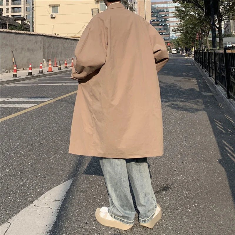 Threebooy Autumn Khaki/Black Trench Coat Men Fashion Casual Long Coat Men Korean Loose Oversized Windbreaker Jacket Mens Overcoat M-2XL