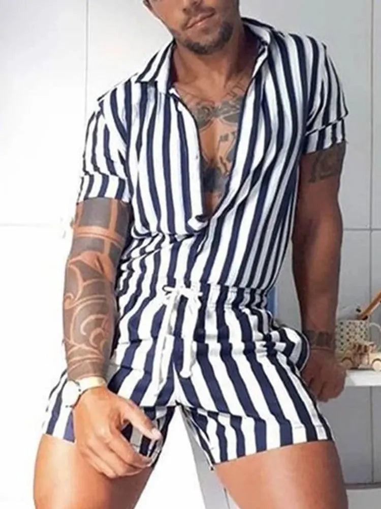 Threebooy  Men's Striped Romper Shorts Fashion Casual Playsuit Short Sleeve Button-down Shorts Lapel Jumpsuit Drawstring Streetwear S-3XL