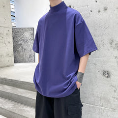 Threebooy 2024 Streetwear Turtleneck Men Tshirt Solid Hip Hop Male Oversized T shirts Man Casual Short Sleeve Top Tees Black/White/Purple